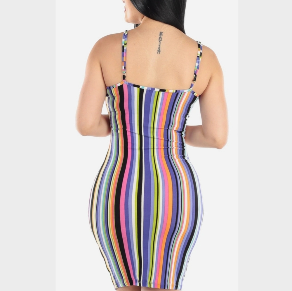 Multicolor Spaghetti Strap Striped Bodycon Dress - Picture 2 of 4